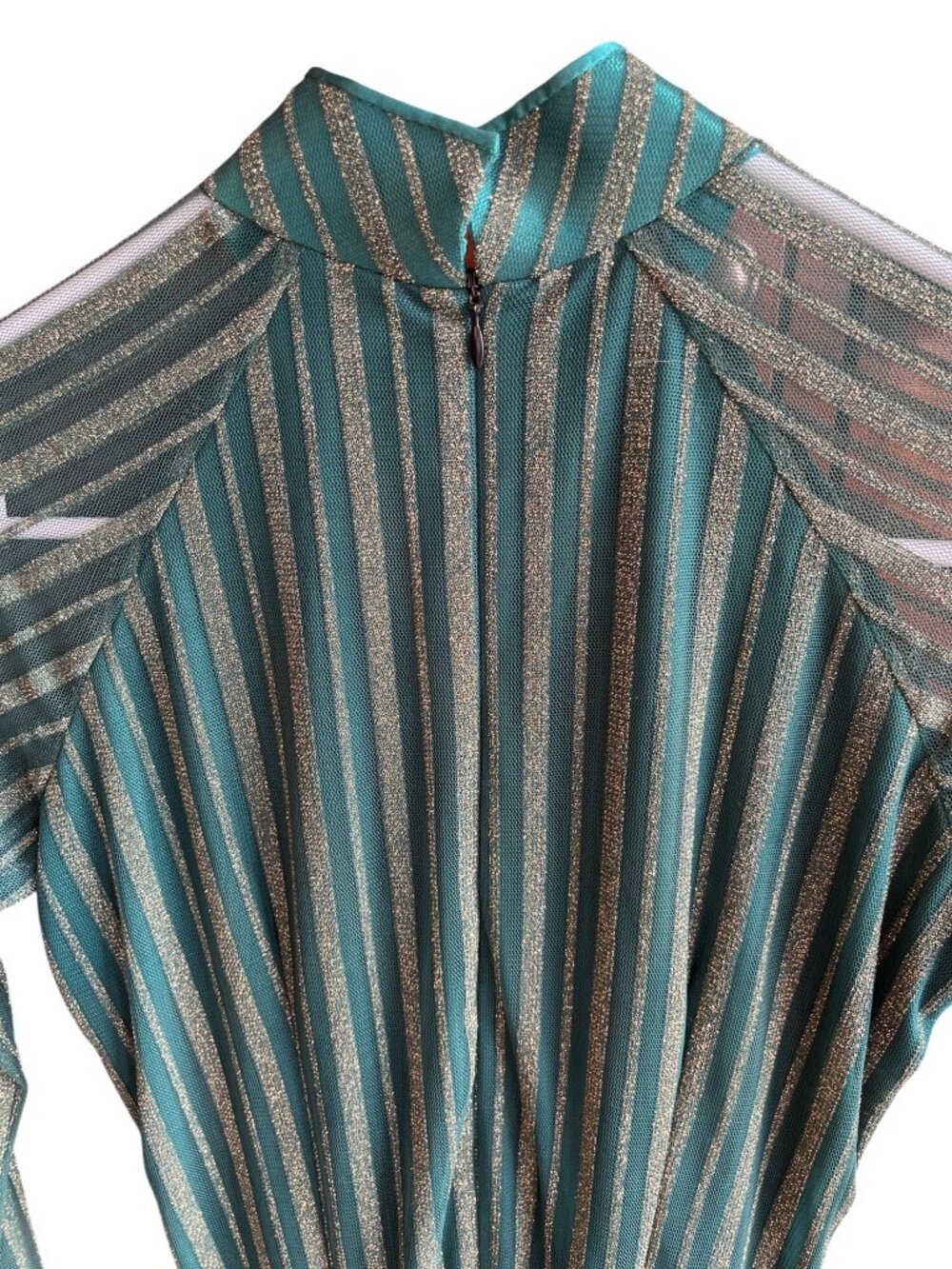 Green & Gold Striped Floral Embellished Long Sleeve Dress M 46d - Picture 5 of 5